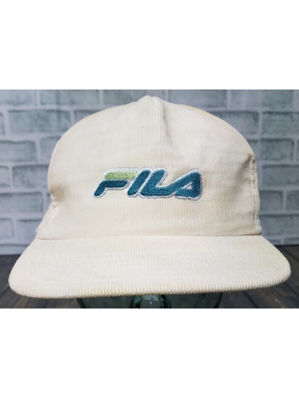 Vintage FILA WHITE Corduroy Hat Cap Snapback Spell Out Fila **MADE IN USA**